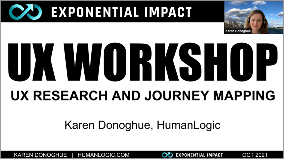 UX Research and Journey Mapping with Karen Donoghue, Principal, HumanLogic, prepared for Exponential Impact and presented to the accelerator’s Amplify cohort.