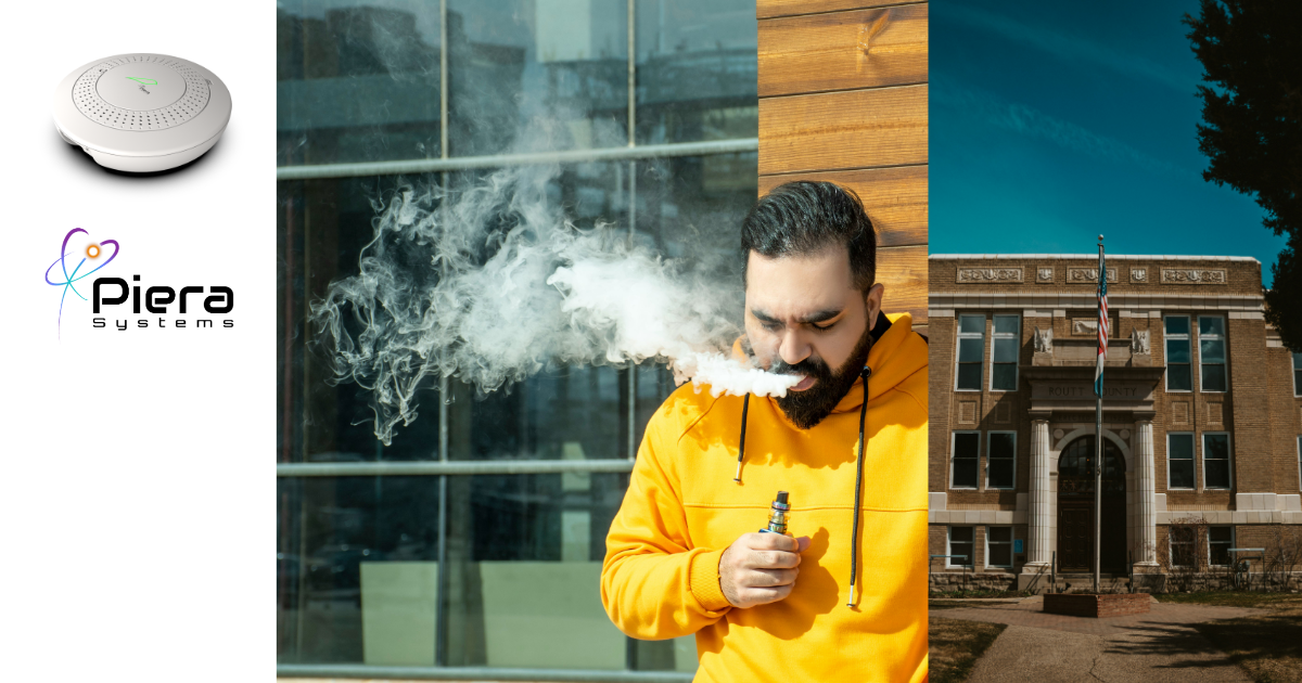 HumanLogic case study with Piera Systems. Image showing an AQ sensor, a student vaping and a high school